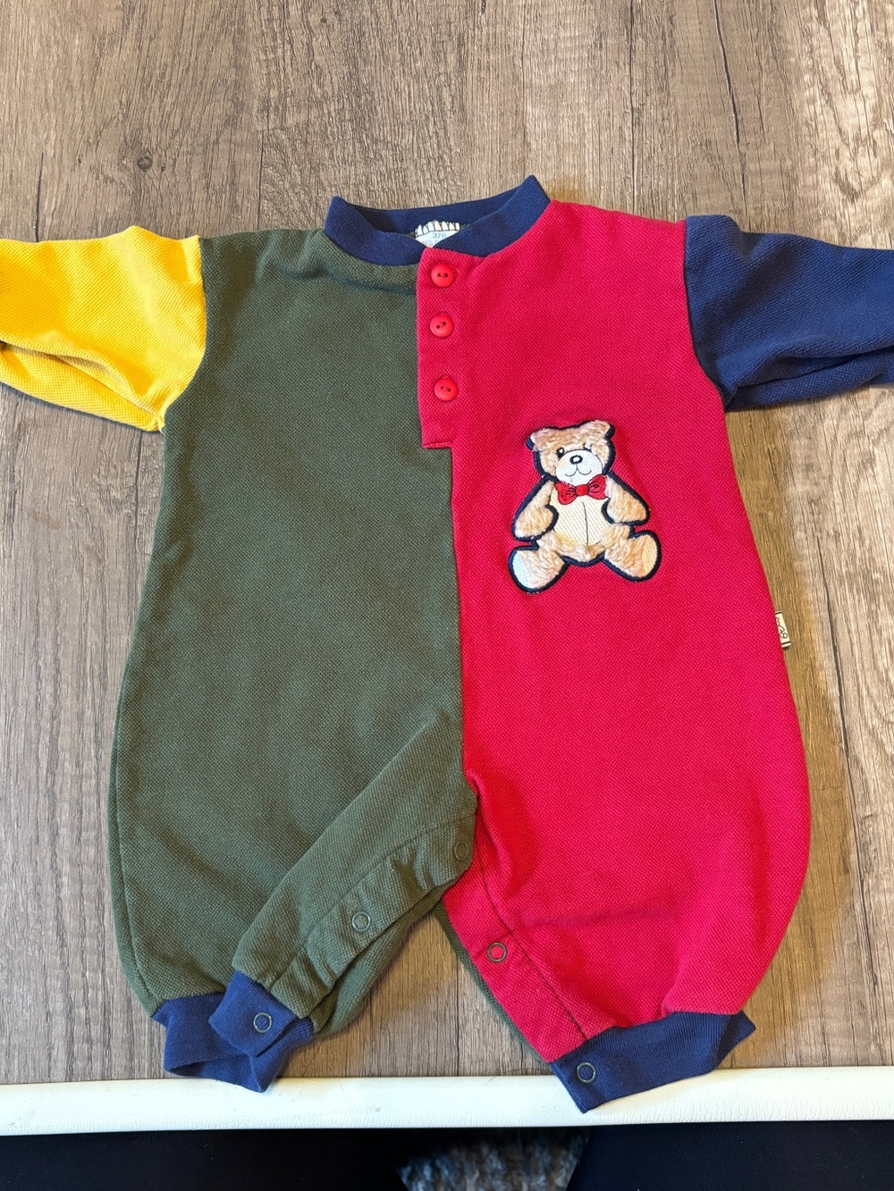 Vintage 90s 2000s Y2K Baby Colorblock Romper Outfit Teddy Bear 3-6M